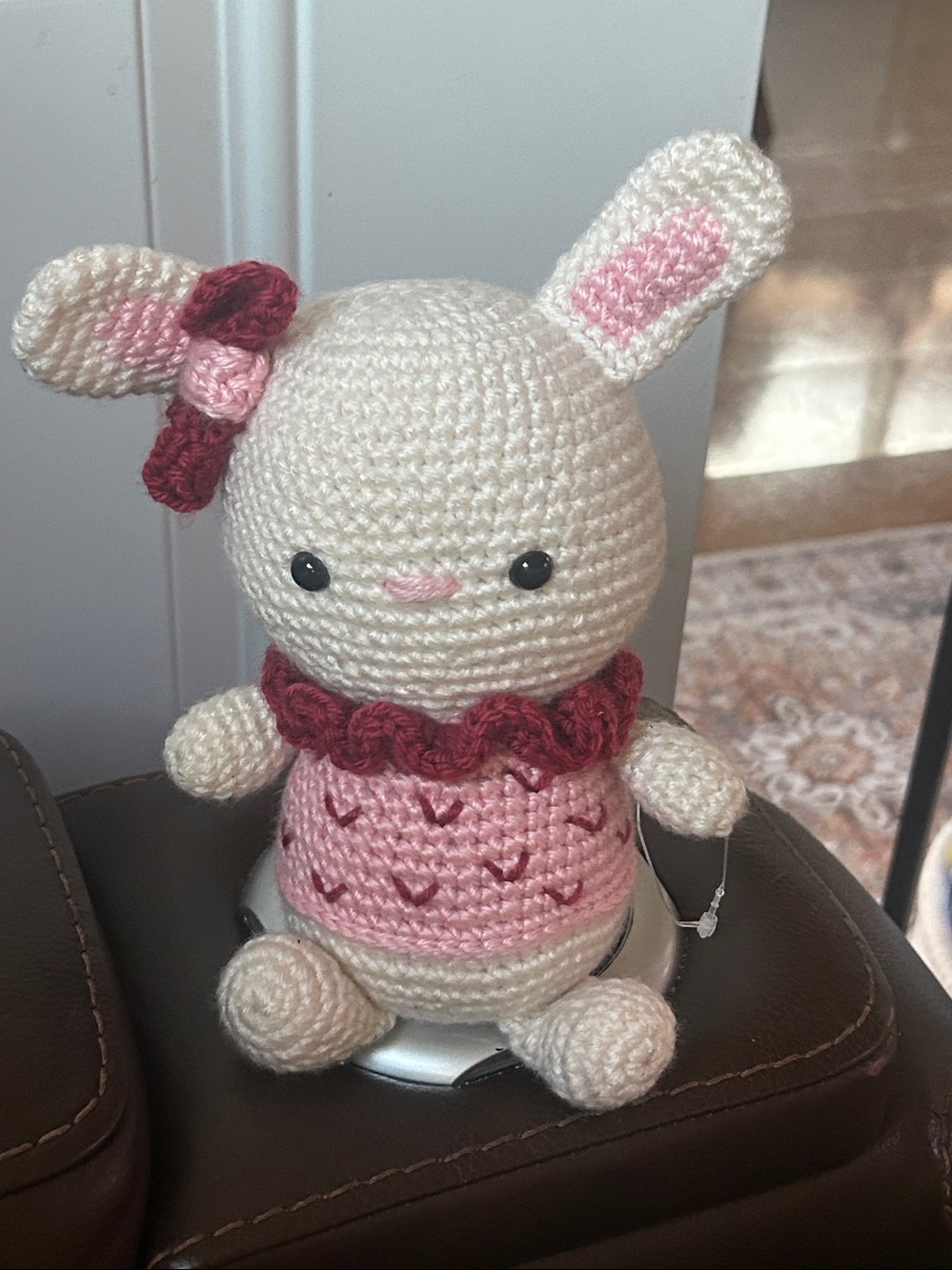 Crocheted White & Pink Bunny Plush with Pink Bow